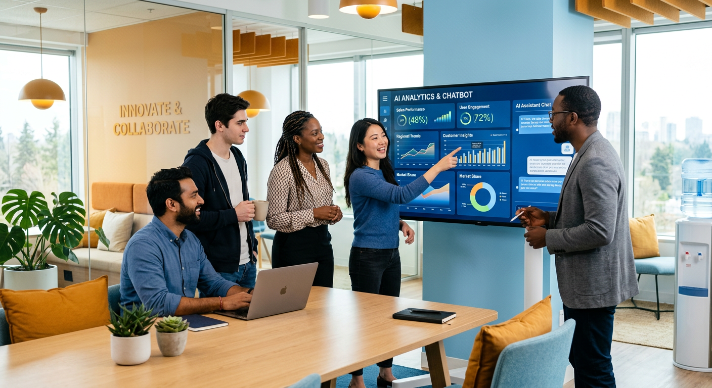 A team reviewing an AI analytics dashboard built by SonNhung AI Company